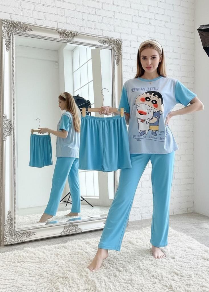 3-Piece Women’s Cartoon Pajama Set – Cotton Nightwear & Loungewear