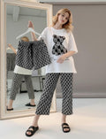 3-Piece Geometric Bear Women’s Pajama Set – Black & White Monogram Nightwear