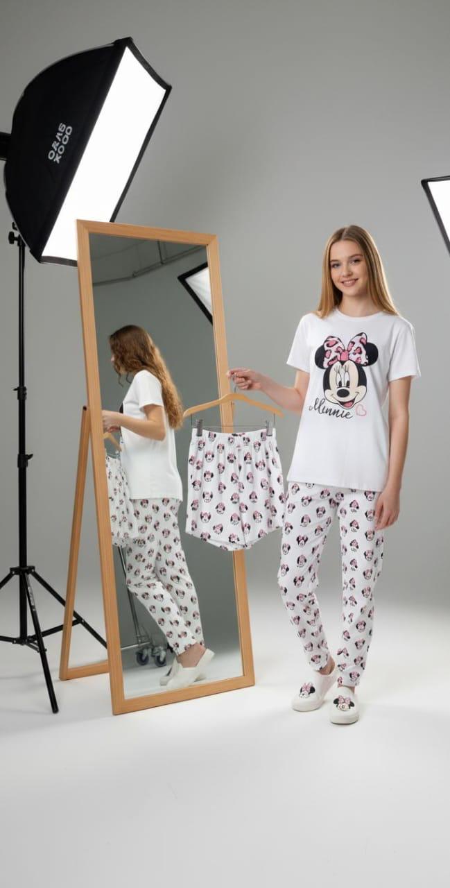 3-Piece Minnie Mouse "Leopard Bow" Pajama Set – White & Pink