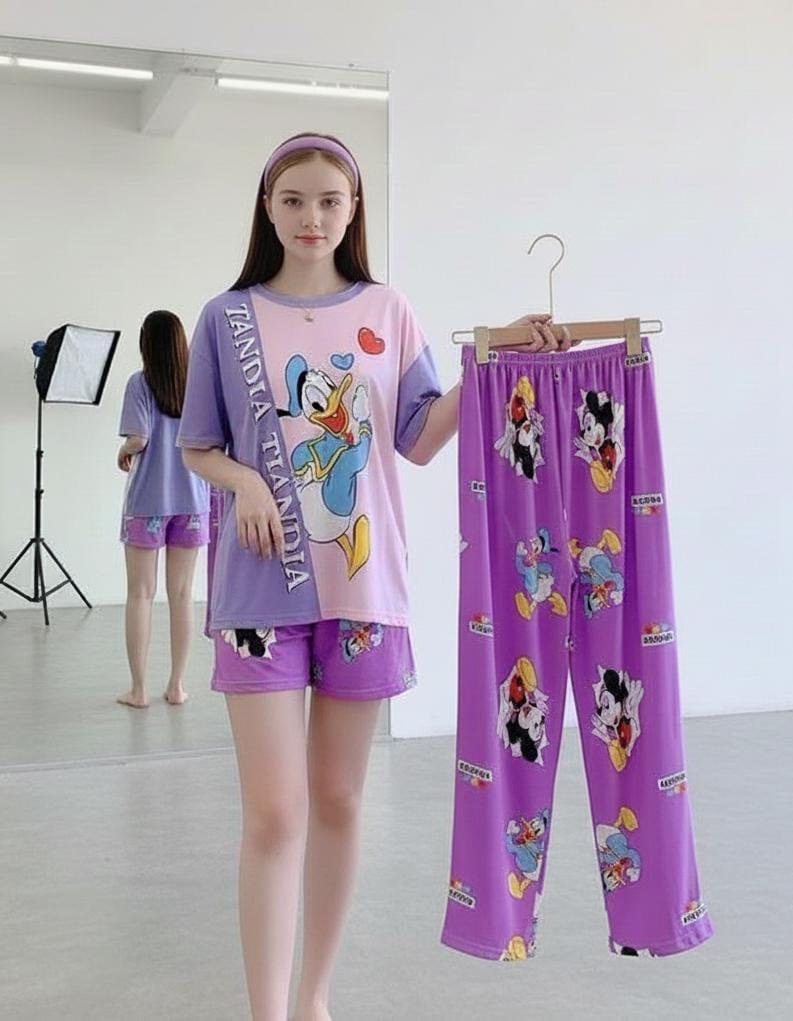 3-Piece Donald Duck & Mickey Mouse Women’s Pajama Set – Purple Cotton Nightwear