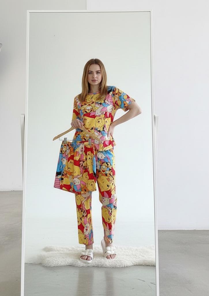 3-Piece Winnie the Pooh Women’s Pajama Set – Colorful Cotton Nightwear