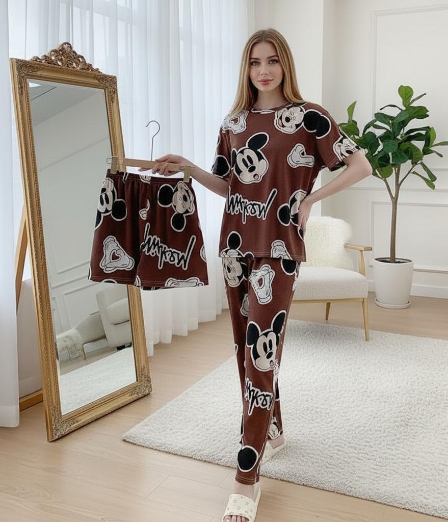 3-Piece Mickey Mouse Women’s Pajama Set – Mocha Brown Nightwear