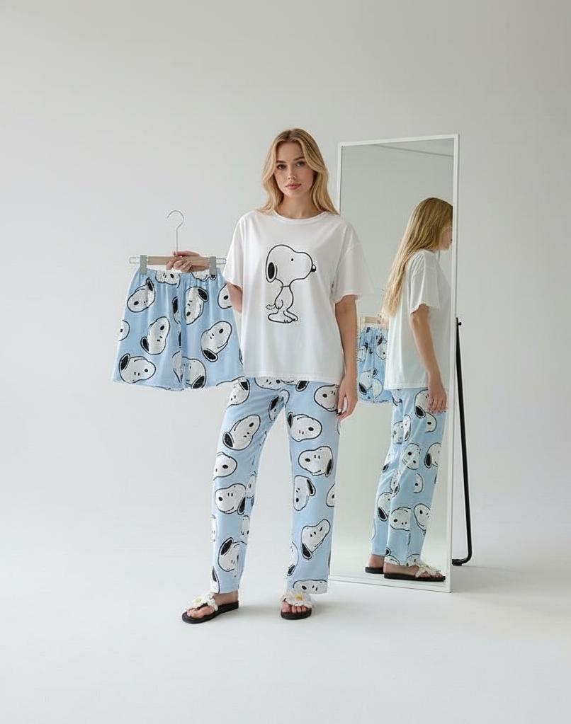 3-Piece Snoopy Women’s Pajama Set – White & Blue Cotton Nightwear