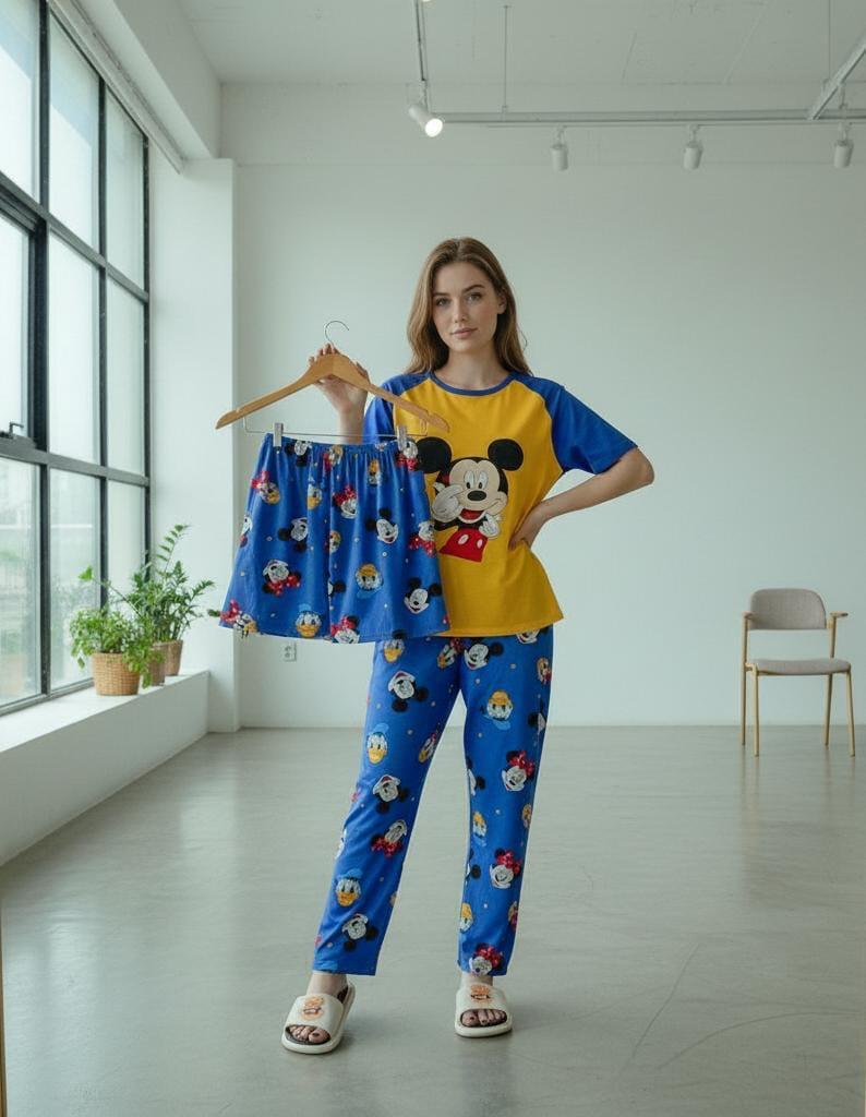 3-Piece Mickey & Friends Women’s Pajama Set – Royal Blue & Yellow