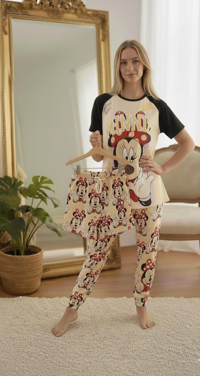3-Piece Minnie Mouse Women’s Pajama Set – Cream & Black Raglan Nightwear
