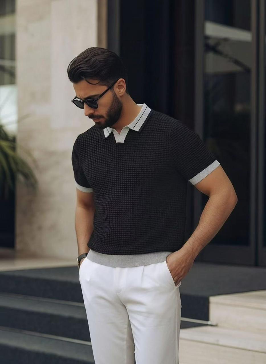 The Contrast Polo – Charcoal & White