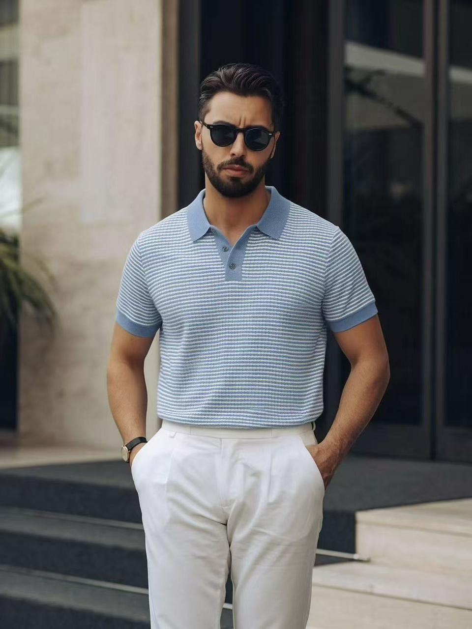 The Micro-Stripe Polo – Coastal Blue
