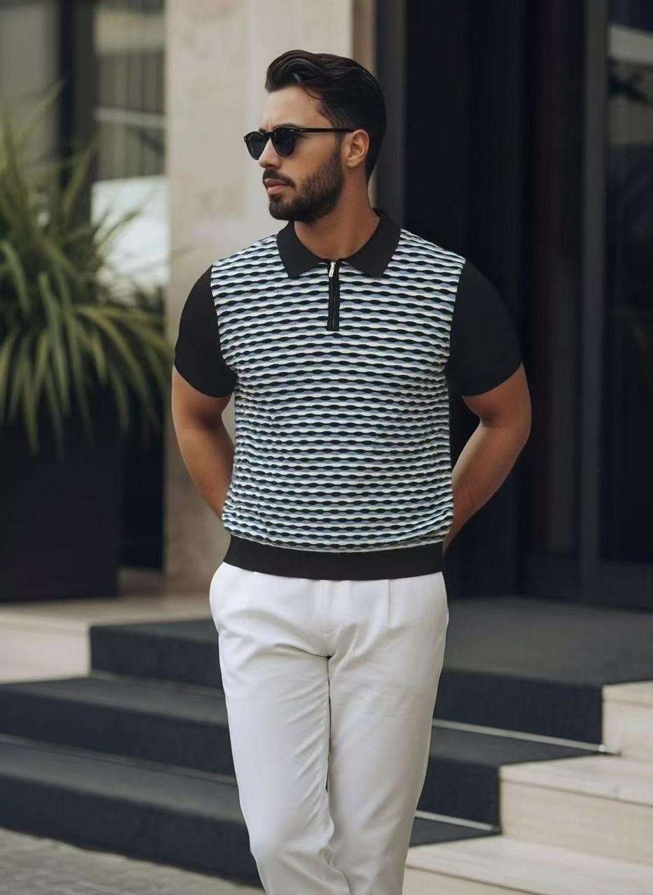 The Geo-Knit Polo – Midnight Jacquard