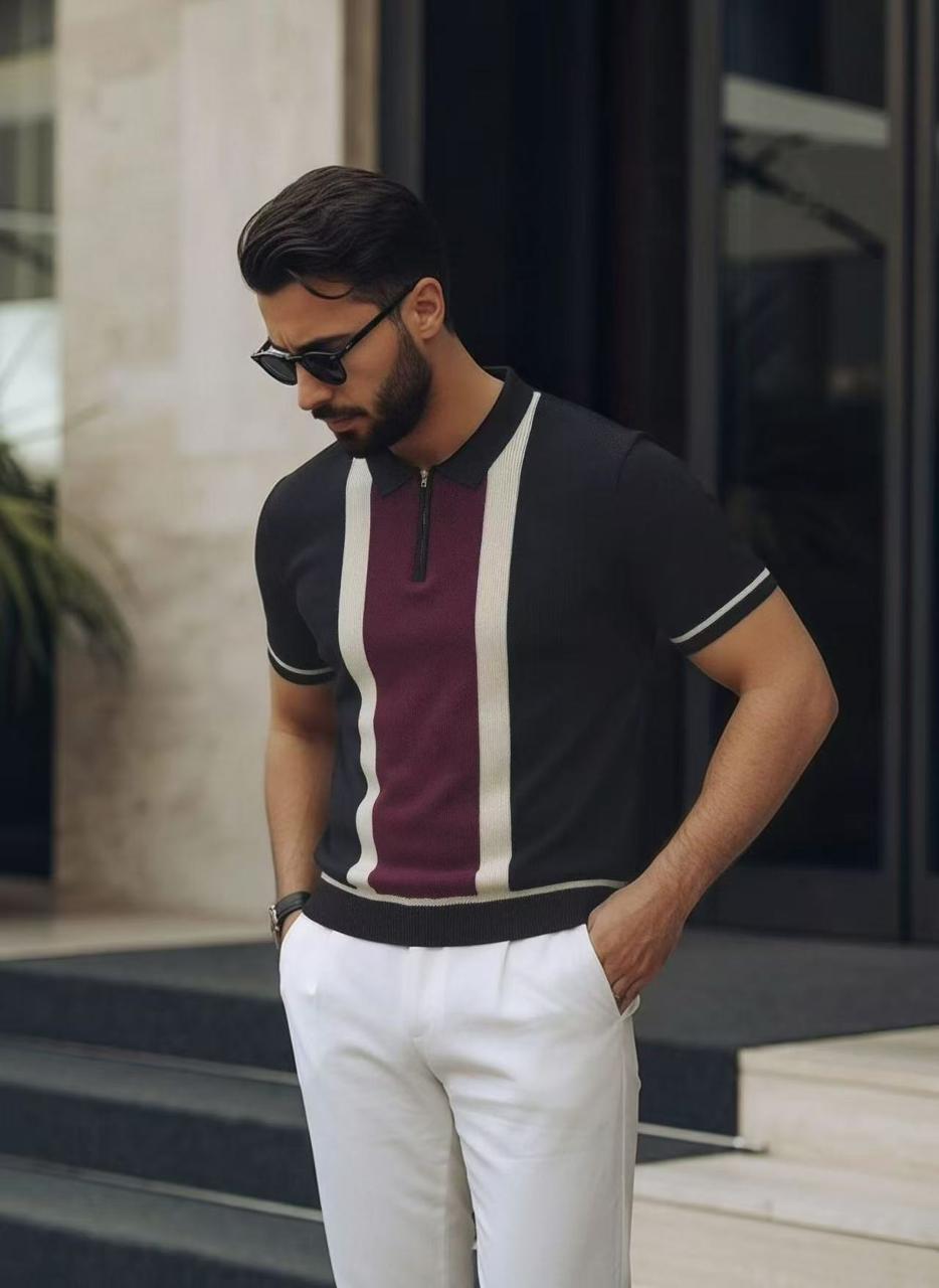 The Retro Panel Polo – Onyx & Crimson