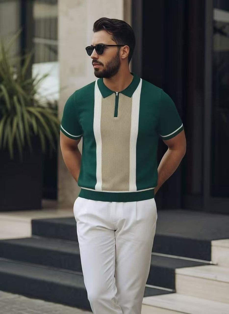 The Retro Panel Polo – Emerald & Sand